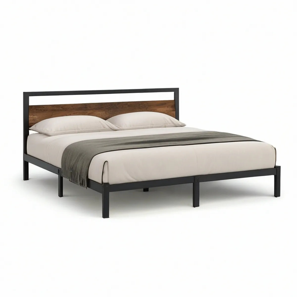 Cama de Casal em Aço Preto e MDF Nogueira para Colchão 160 x 200 cm