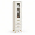 Armário Vitrine Alto em MDF Branco e Dourado com Porta de Vidro e 4 Gavetas, 60 x 40 x 190 cm