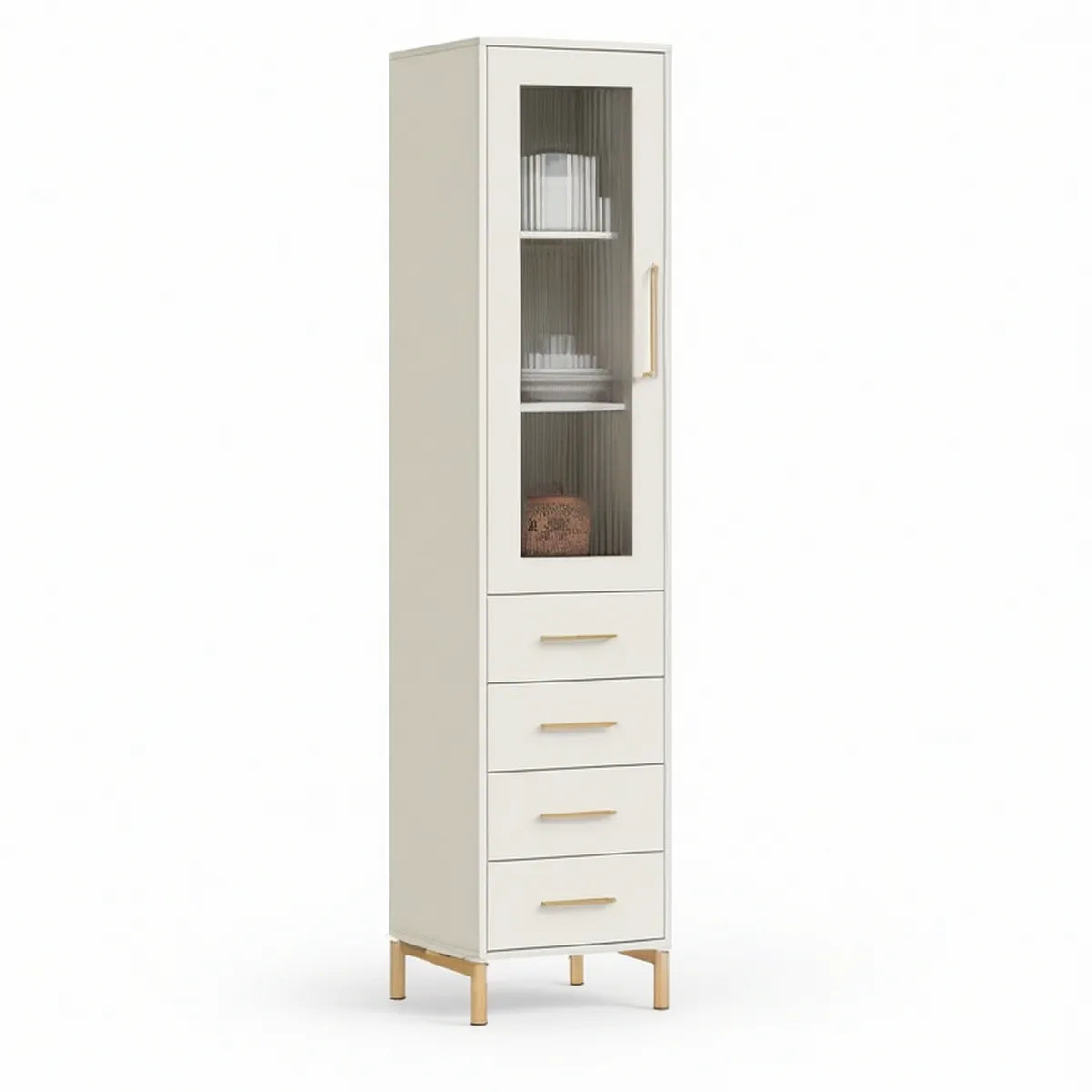 Armário Vitrine Alto em MDF Branco e Dourado com Porta de Vidro e 4 Gavetas, 60 x 40 x 190 cm