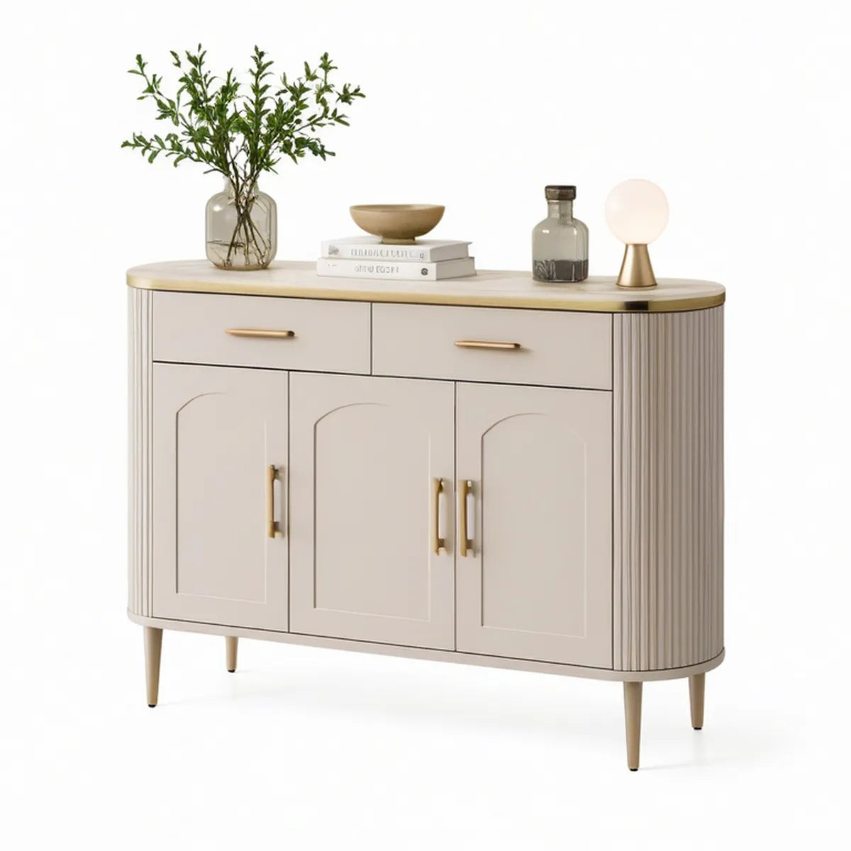 Aparador Retangular com Cantos Arredondados em MDF Bege e Dourado, 140 x 40 x 90 cm