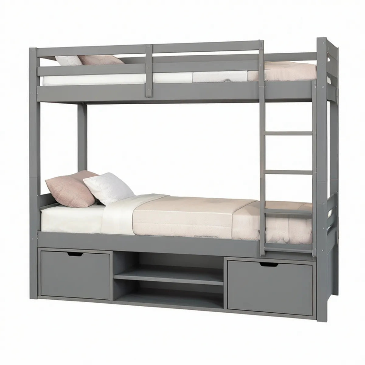 Beliche Infantil 90 x 190 cm em Pinho Maciço Cinzento com Escada e Arrumação