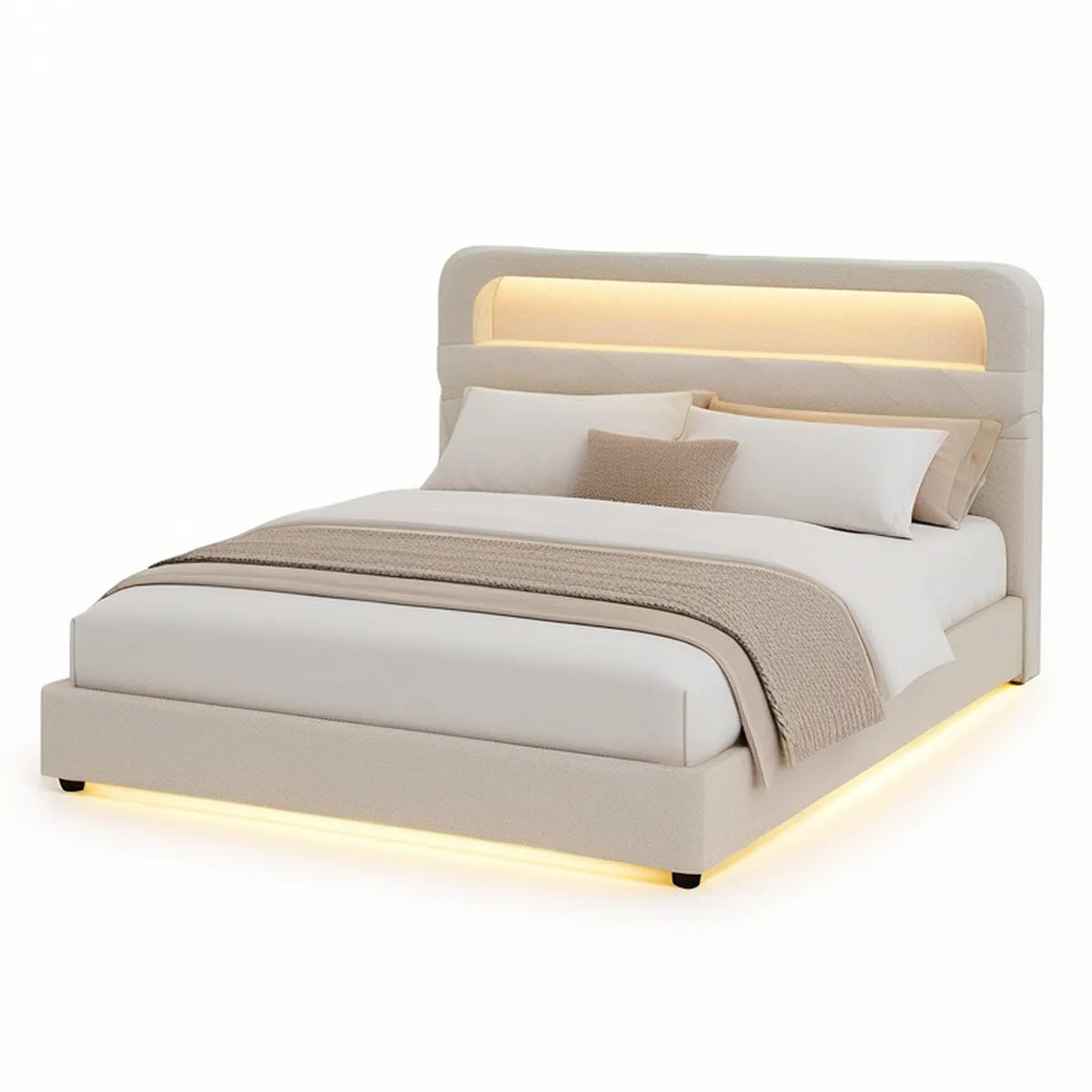 Cama de Casal Estofada Bege 160 x 200 cm com Cabeceira Curva e Iluminação LED