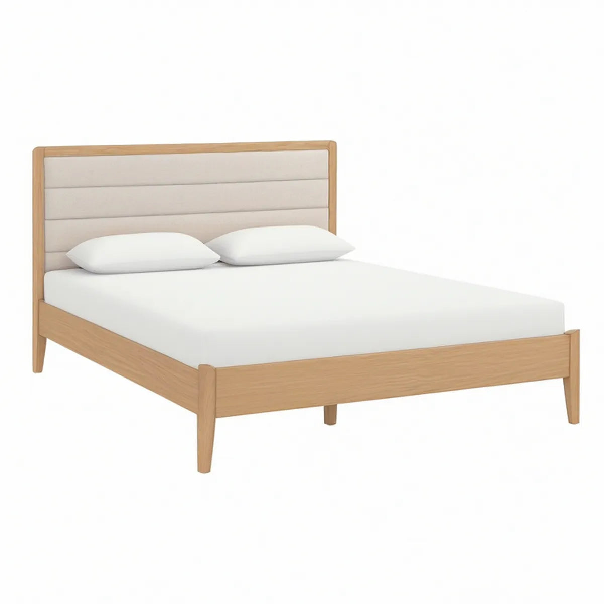 Cama de Casal em Carvalho Natural com Cabeceira Estofada Bege-claro, 160 x 200 cm