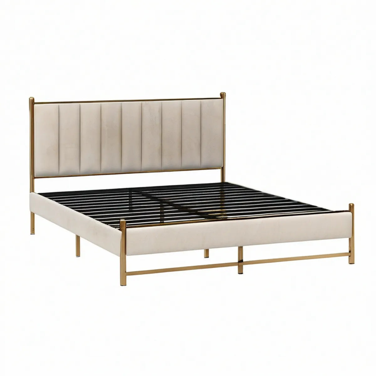 Cama de Casal 160 x 200 cm com Estrutura em Aço, Veludo Bege e Acabamento Dourado