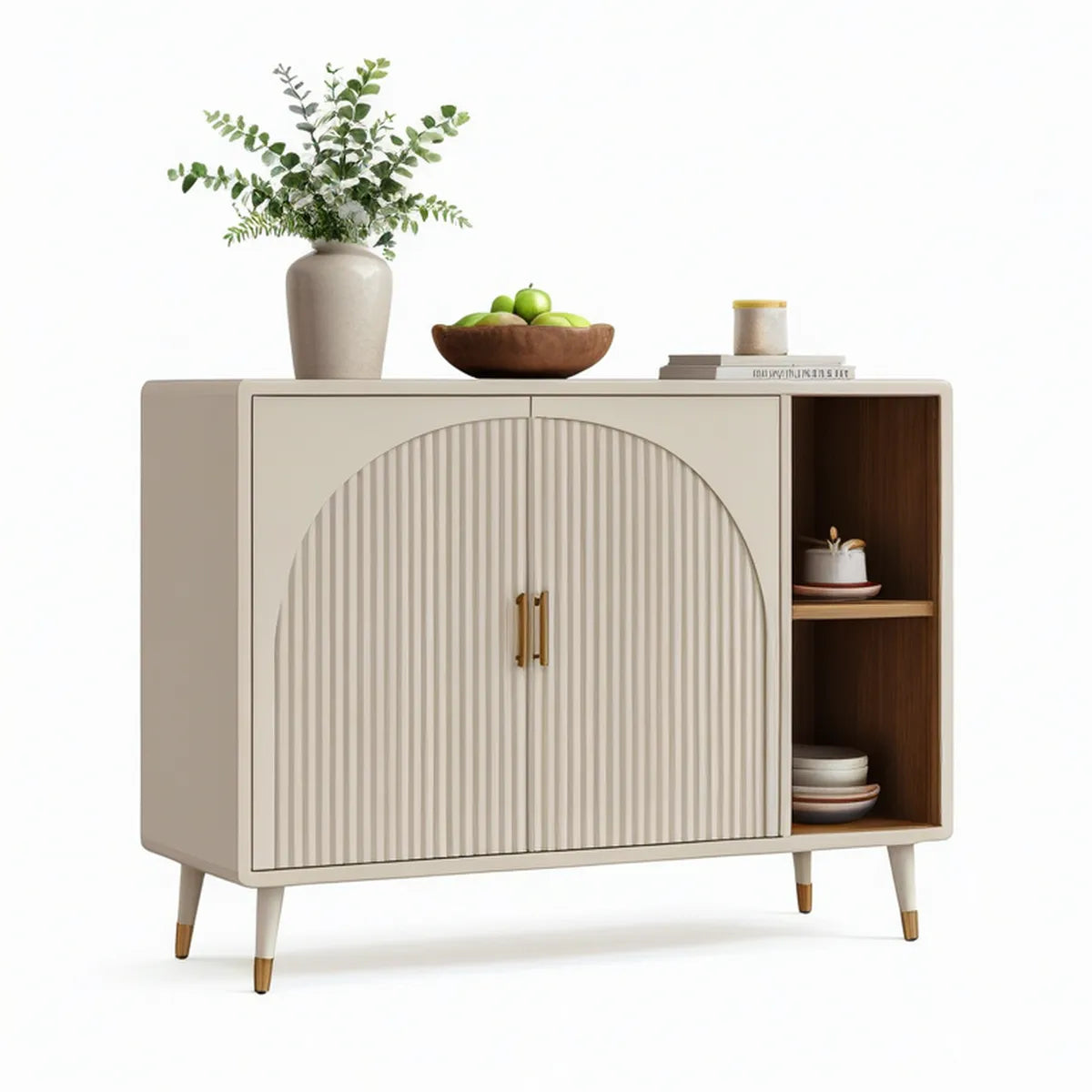 Aparador em MDF Bege e Castanho Nogueira com 2 Portas Caneladas e Nicho Aberto, 120 x 40 x 90 cm