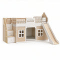 Cama alta infantil em forma de casa com escorrega e escada, 250 x 125 x 190 cm, para colchão 90 x 190 cm, Branco/Natural