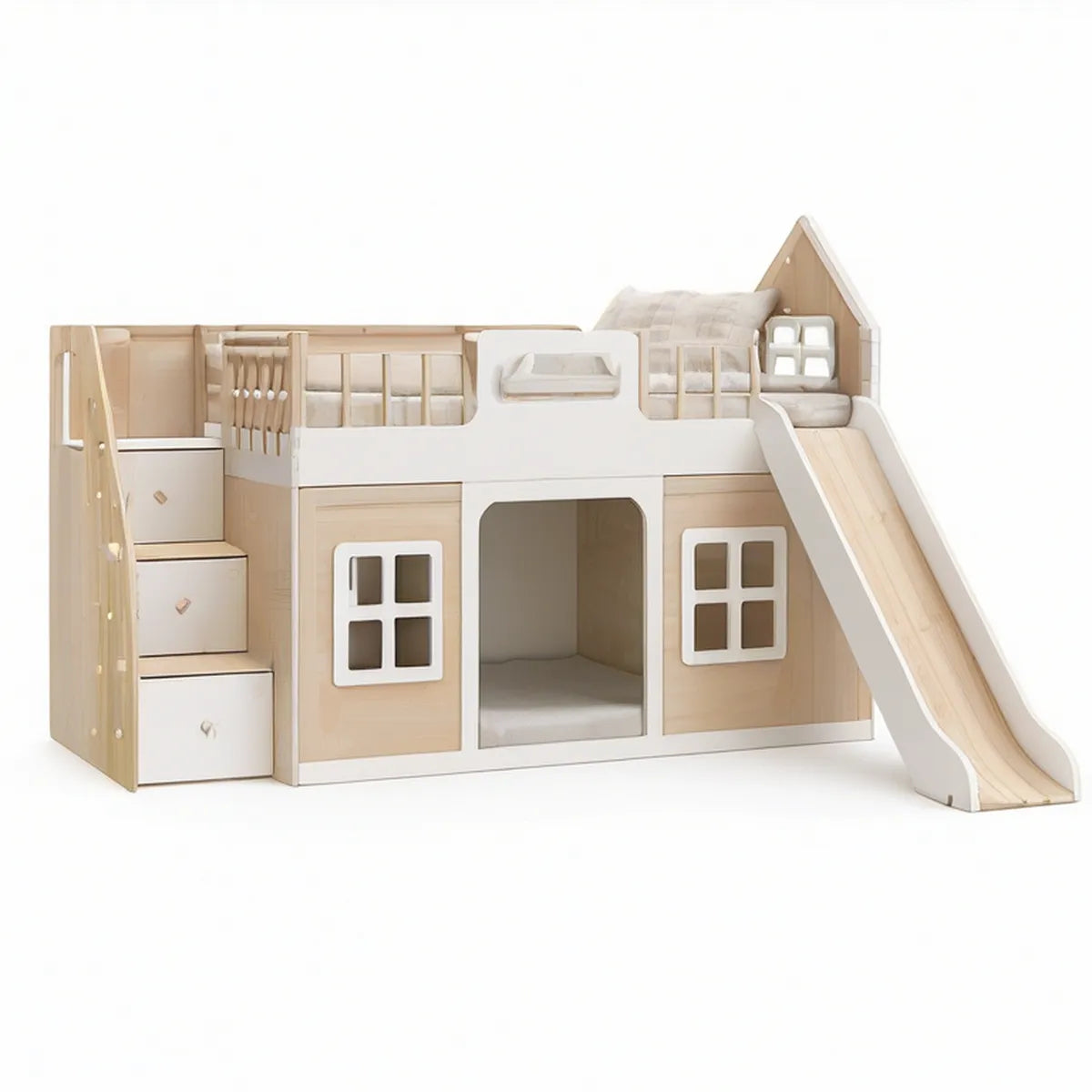 Cama alta infantil em forma de casa com escorrega e escada, 250 x 125 x 190 cm, para colchão 90 x 190 cm, Branco/Natural