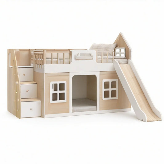 Cama alta infantil em forma de casa com escorrega e escada, 250 x 125 x 190 cm, para colchão 90 x 190 cm, Branco/Natural