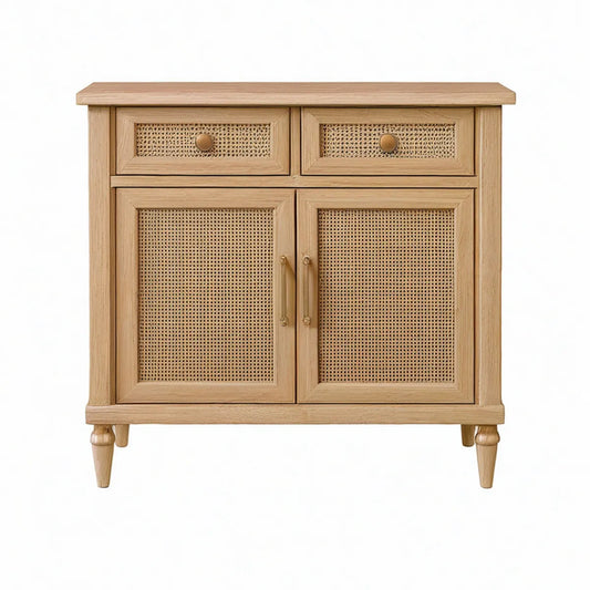 Aparador Retangular em Carvalho Natural com Palhinha, 2 Portas e 2 Gavetas, 80 x 40 x 90 cm