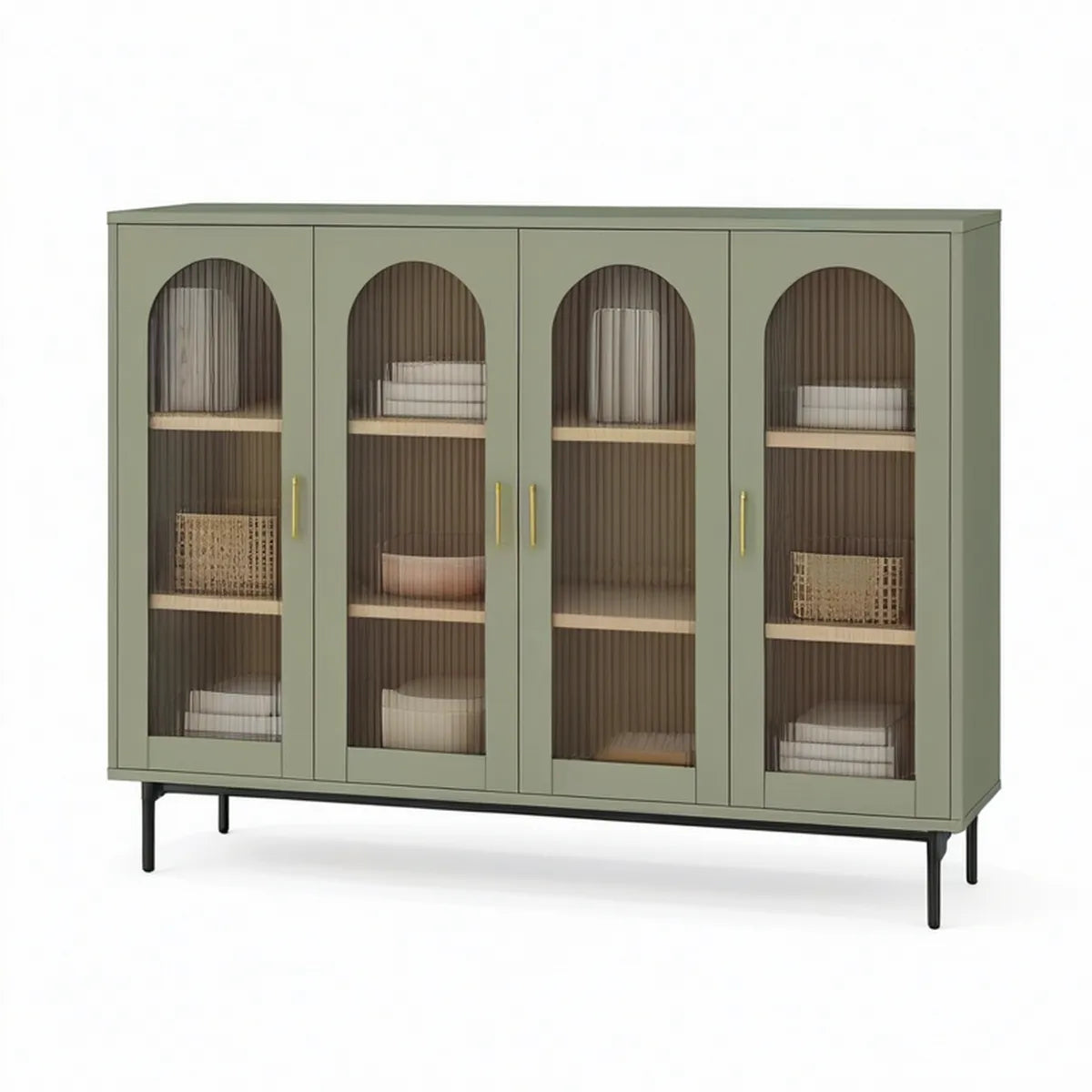 Vitrine de 4 Portas em MDF e Vidro Canelado Verde-Sálvia 160 x 40 x 140 cm