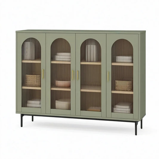 Vitrine de 4 Portas em MDF e Vidro Canelado Verde-Sálvia 160 x 40 x 140 cm