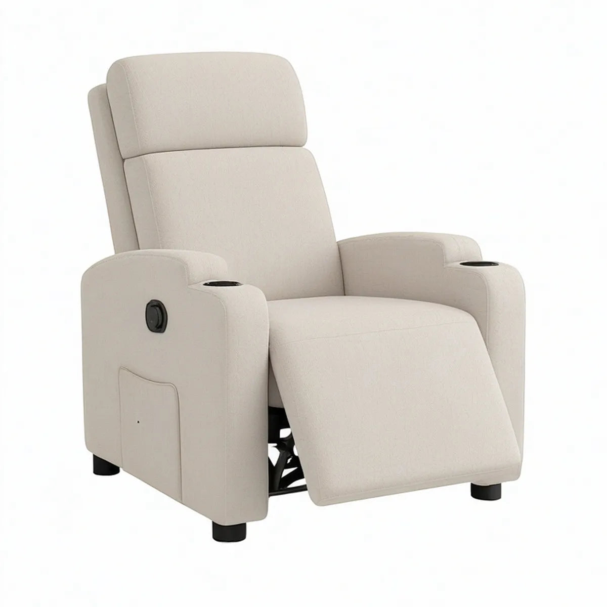 Poltrona Reclinável Manual em Poliéster Bege com Porta-Copos, 90 x 94 x 104 cm