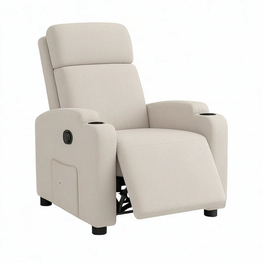 Poltrona Reclinável Manual em Poliéster Bege com Porta-Copos, 90 x 94 x 104 cm