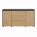Aparador Retangular com 2 Portas e 3 Gavetas em Carvalho Natural e Aço Preto, 160 x 40 x 85 cm