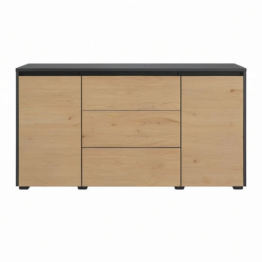 Aparador Retangular com 2 Portas e 3 Gavetas em Carvalho Natural e Aço Preto, 160 x 40 x 85 cm