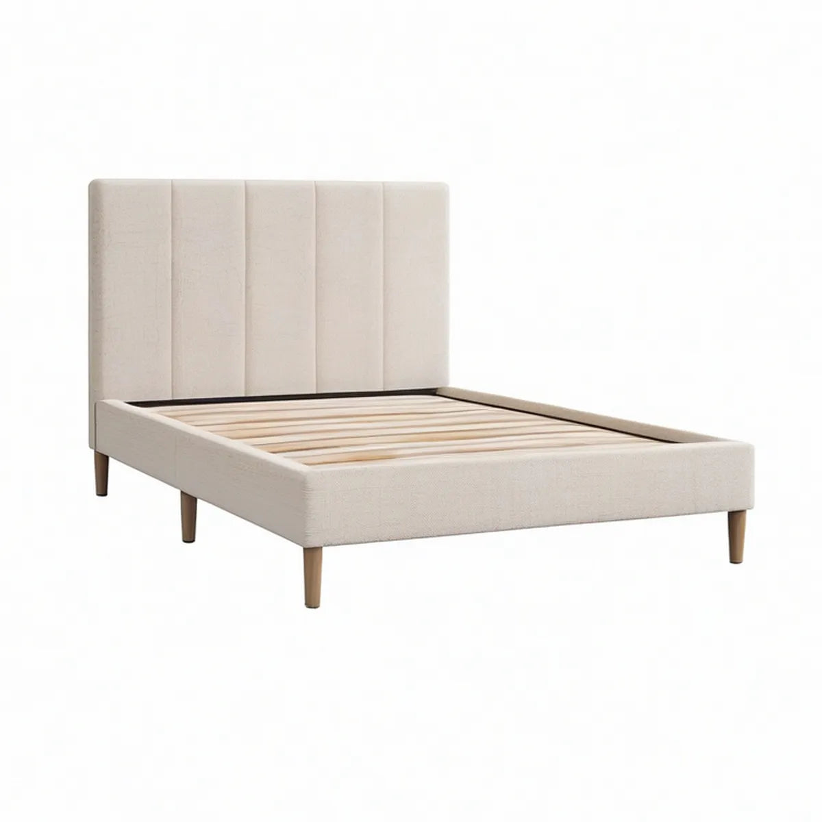 Cama Estofada Bege com Estrado de Ripas e Cabeceira Vertical, para Colchão 160 x 200 cm