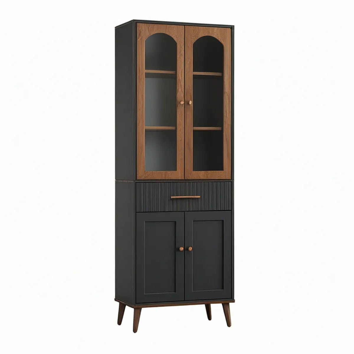 Vitrine Alta Retangular em MDF com Vidro Fumado Preto e Nogueira, 80 x 40 x 190 cm