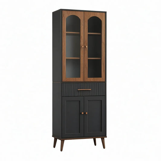 Vitrine Alta Retangular em MDF com Vidro Fumado Preto e Nogueira, 80 x 40 x 190 cm