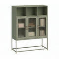 Aparador Alto em Aço Verde-Azeitona com 3 Portas de Vidro Canelado, 90 x 40 x 140 cm