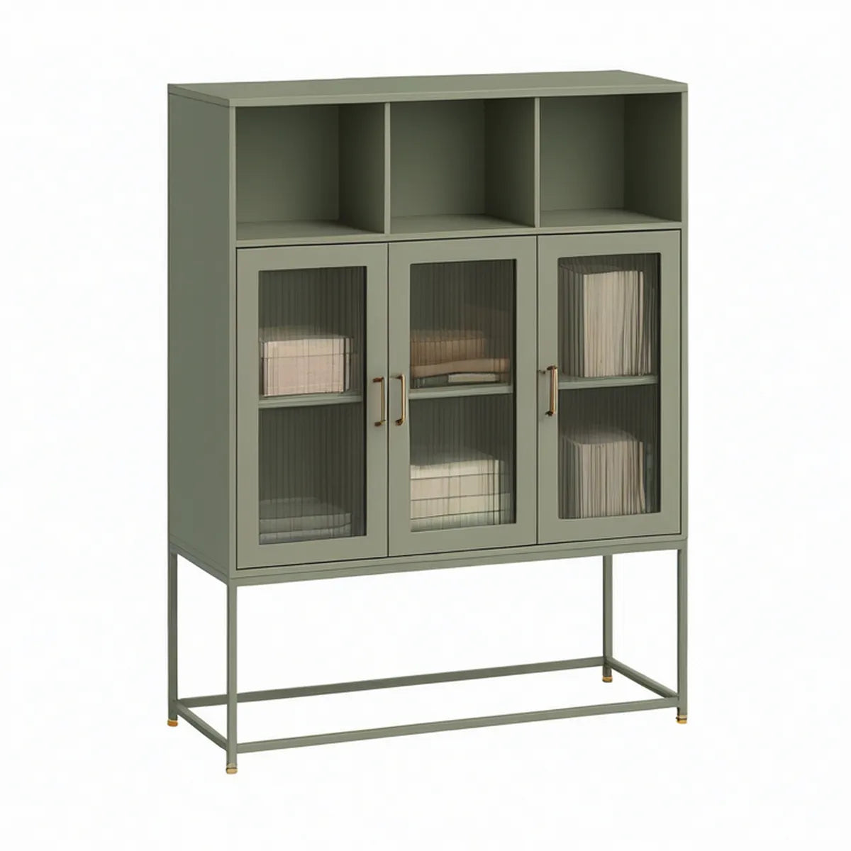 Aparador Alto em Aço Verde-Azeitona com 3 Portas de Vidro Canelado, 90 x 40 x 140 cm