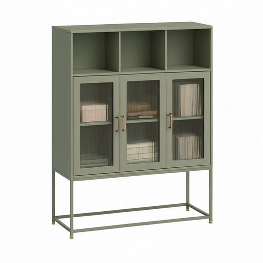 Aparador Alto em Aço Verde-Azeitona com 3 Portas de Vidro Canelado, 90 x 40 x 140 cm