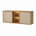 Aparador Retangular com 2 Portas Ripadas, Iluminação LED, Carvalho Natural e Creme, 160 x 40 x 75 cm