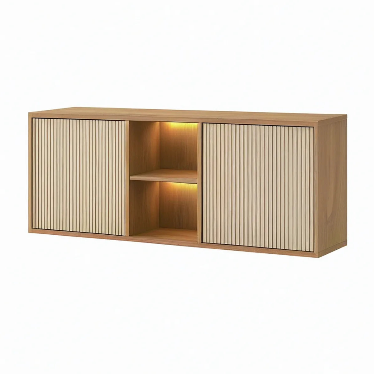 Aparador Retangular com 2 Portas Ripadas, Iluminação LED, Carvalho Natural e Creme, 160 x 40 x 75 cm